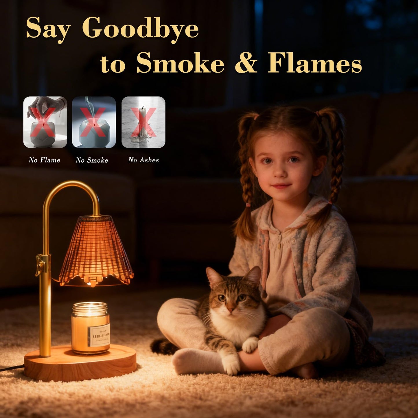WYghyronic Candle Warmer Lamp with Adjustable Height - Flameless 4-Level Dimmable Wax Warmer with Colorful Glass Shade & Wooden Base, Timer Function & Stylish Design in Multiple Colors (Brown2)