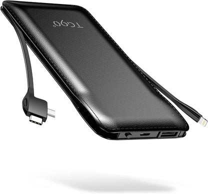 TG90° Portable Charger 10000mah Cell Phone Battery Backup, Ultra Slim Power Bank with Built in Lightning and USB-C Cable, Portable Phone Charger Battery Packs Compatible with iPhone Android Phones