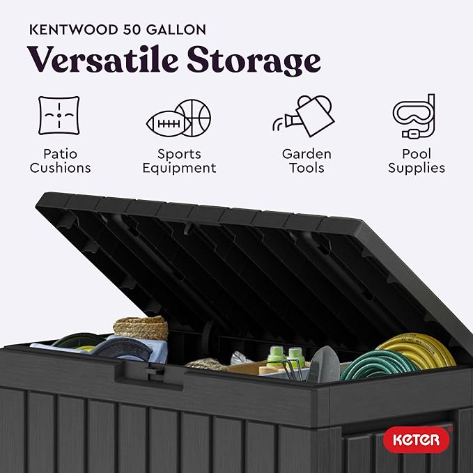 Keter Kentwood 50 Gallon Resin Deck Box for Outdoor Storage – Weather‑Resistant Balcony & Patio Box for Cushions, Throw Pillows & Garden Tools, Dark Grey