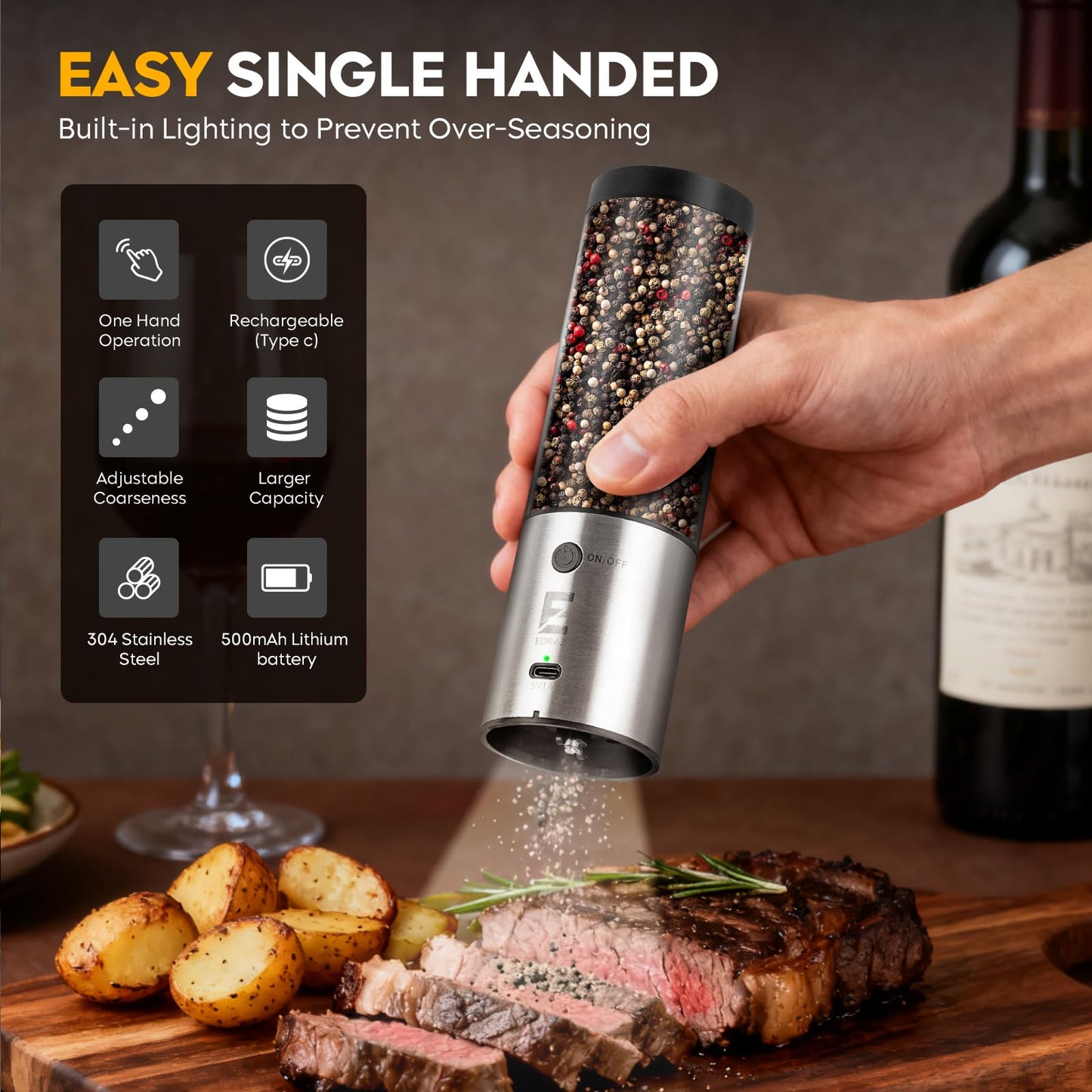 Electric Salt & Pepper Grinder Set One - Handed Automatic Pepper Mill with LED Light Adjustable Coarseness Large - Capacity Refillable Mill Durable Ceramic Core Battery Powered Seasoning Grinder