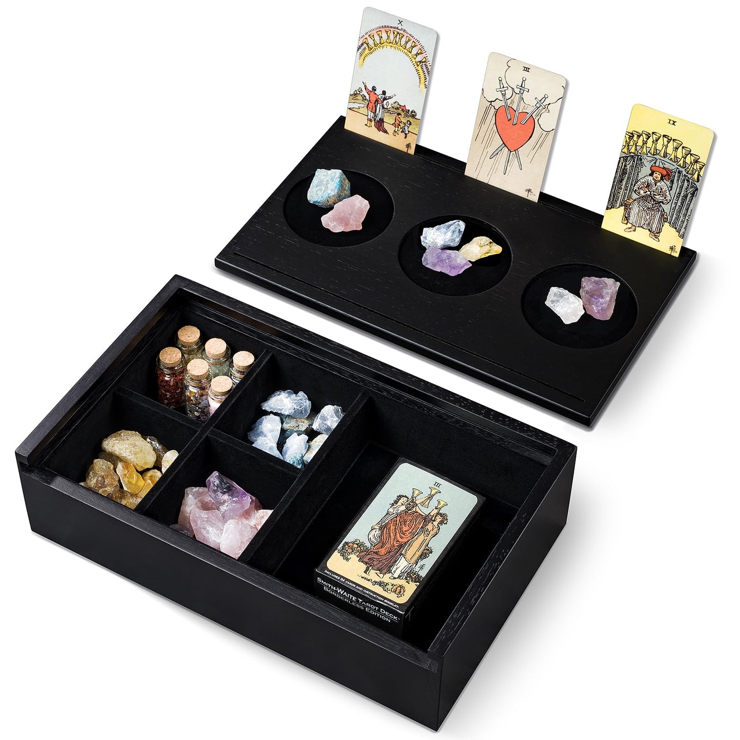 Emfogo Wooden Tarot Card Holder - Slide-Top Lid with 2 Card Slots Holds 8 Cards & Displays Crystals, Multi-Compartment Organizer for Jewelry, Trinket, Keepsake, Witchcraft Supplies (Black)