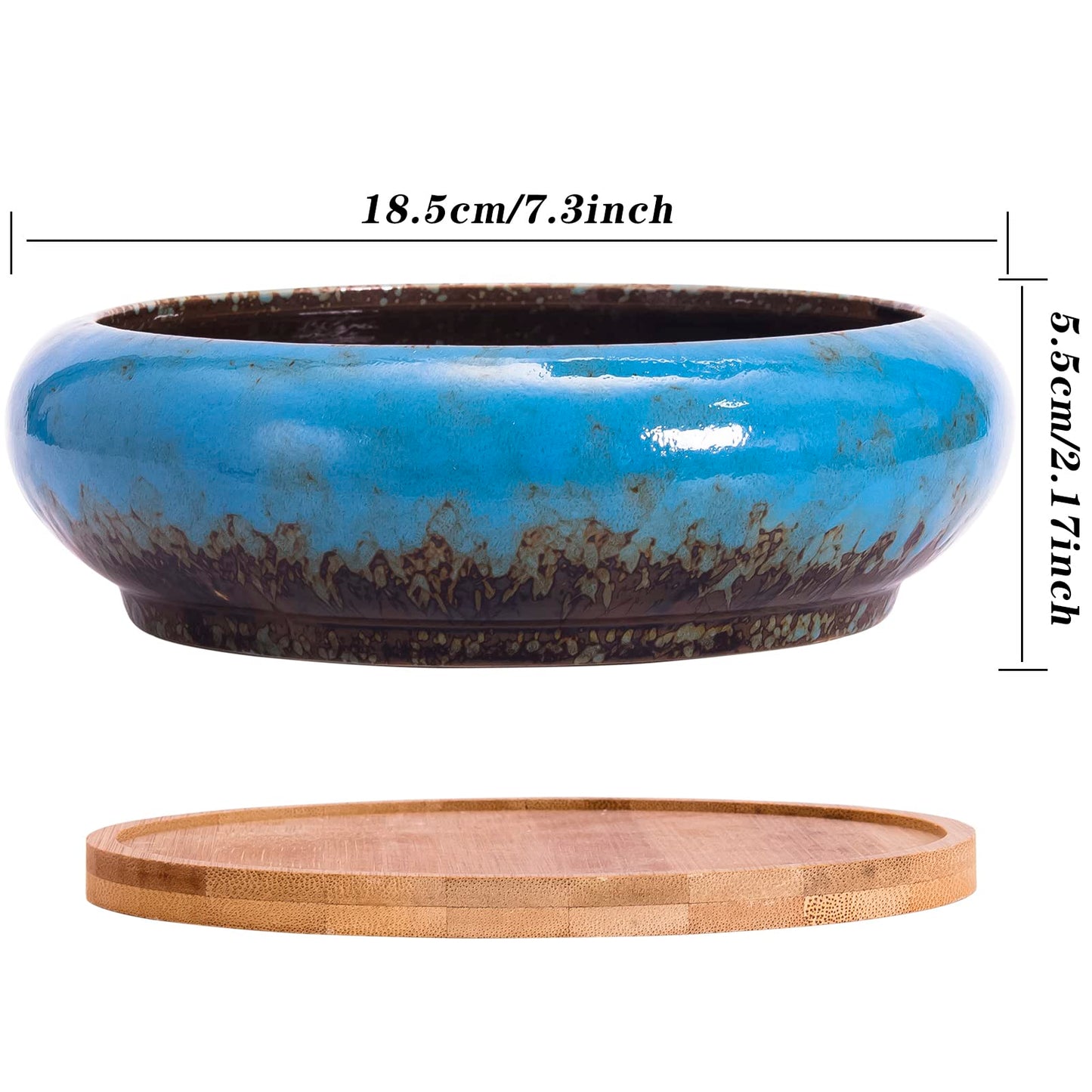 ARTKETTY Succulent Pots - 7.3 Inch Large Succulent Planters with Drainage Ceramic Bonsai Pots with Bamboo Tray, Shallow Planters for Indoor Cactus Plants Decorative Flower Plant Container