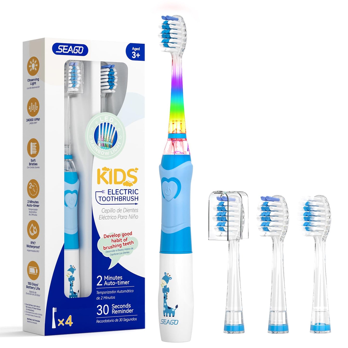 SEAGO Kids Electric Toothbrush with 2 Mins Brushing Timer and 4 Replacement Bursh Heads, Rainbow LED Light Make Brushing Fun, Boys Battery Powerd Toothbrush for 4-12 Years Old，SG-977 (Light Blue)
