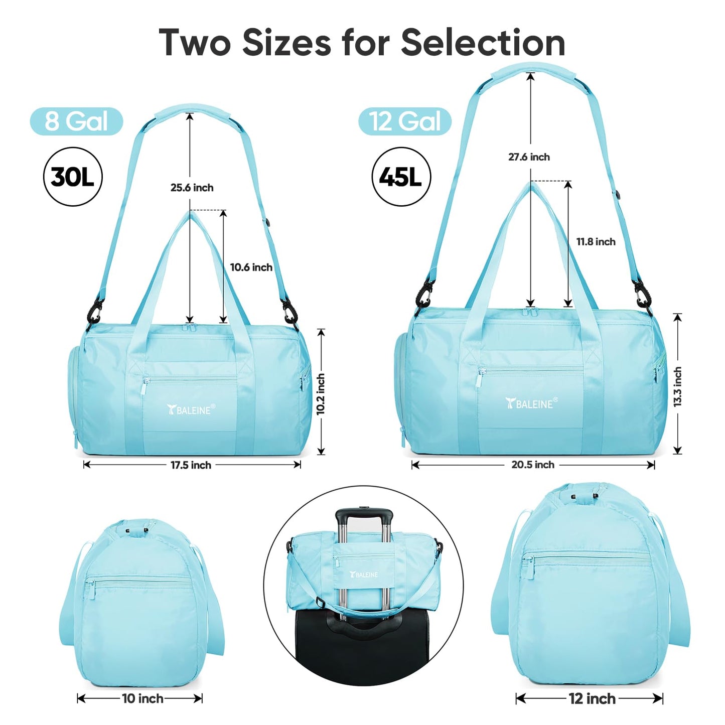 BALEINE Gym Duffel Bag for Women and Men, Small for Sports, Gyms and Weekend Getaway, Waterproof Dufflebag with Shoe and Wet Clothes Compartments, Lightweight Carryon Gymbag (Azure)