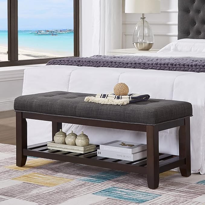 24KF Large Rectangular Upholstered Tufted Linen Ottoman Bench, Padded Bench