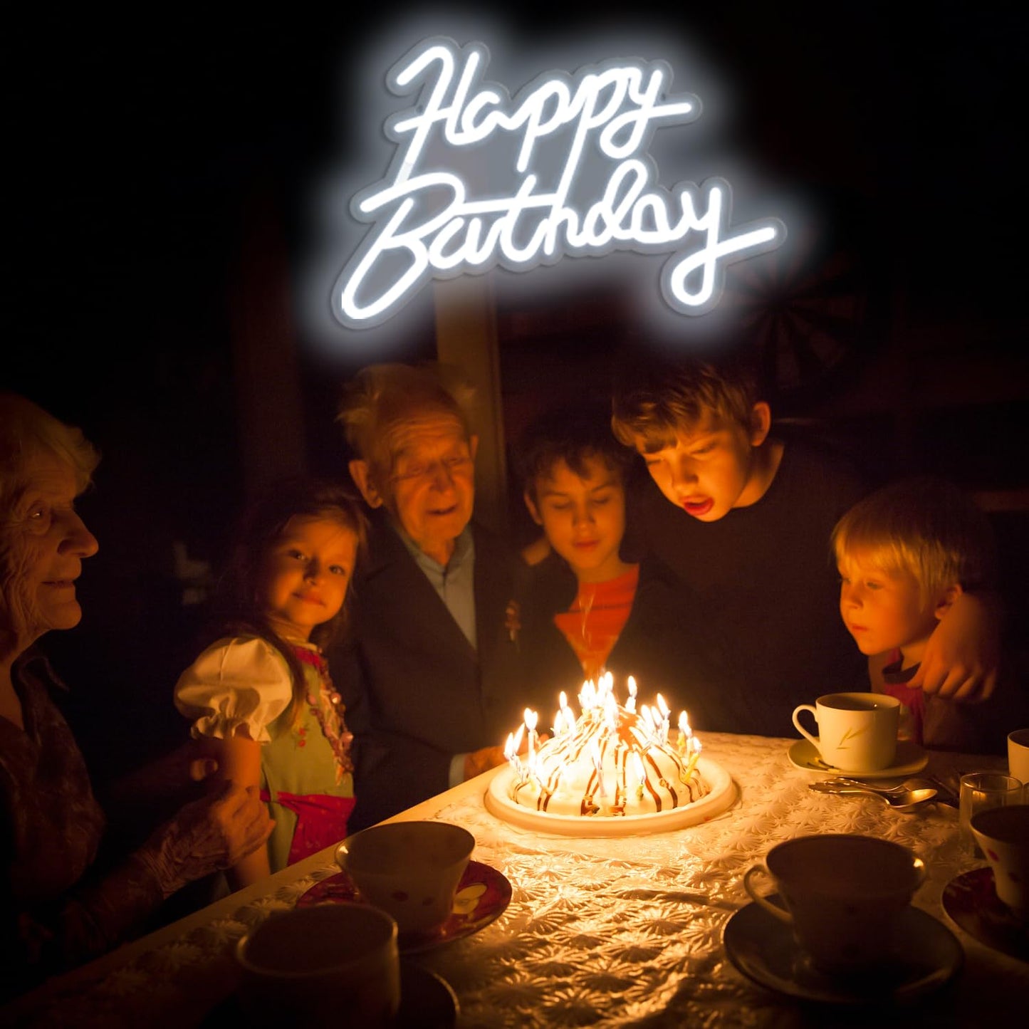 Miootly Happy Birthday Neon Sign for Wall Party Decor, LED Happy Birthday Light up Sign for Backdrop, 16"x 11" USB Powered 10 Brightness Settings Light up Signs Party Decorations Backdrop, Cool White