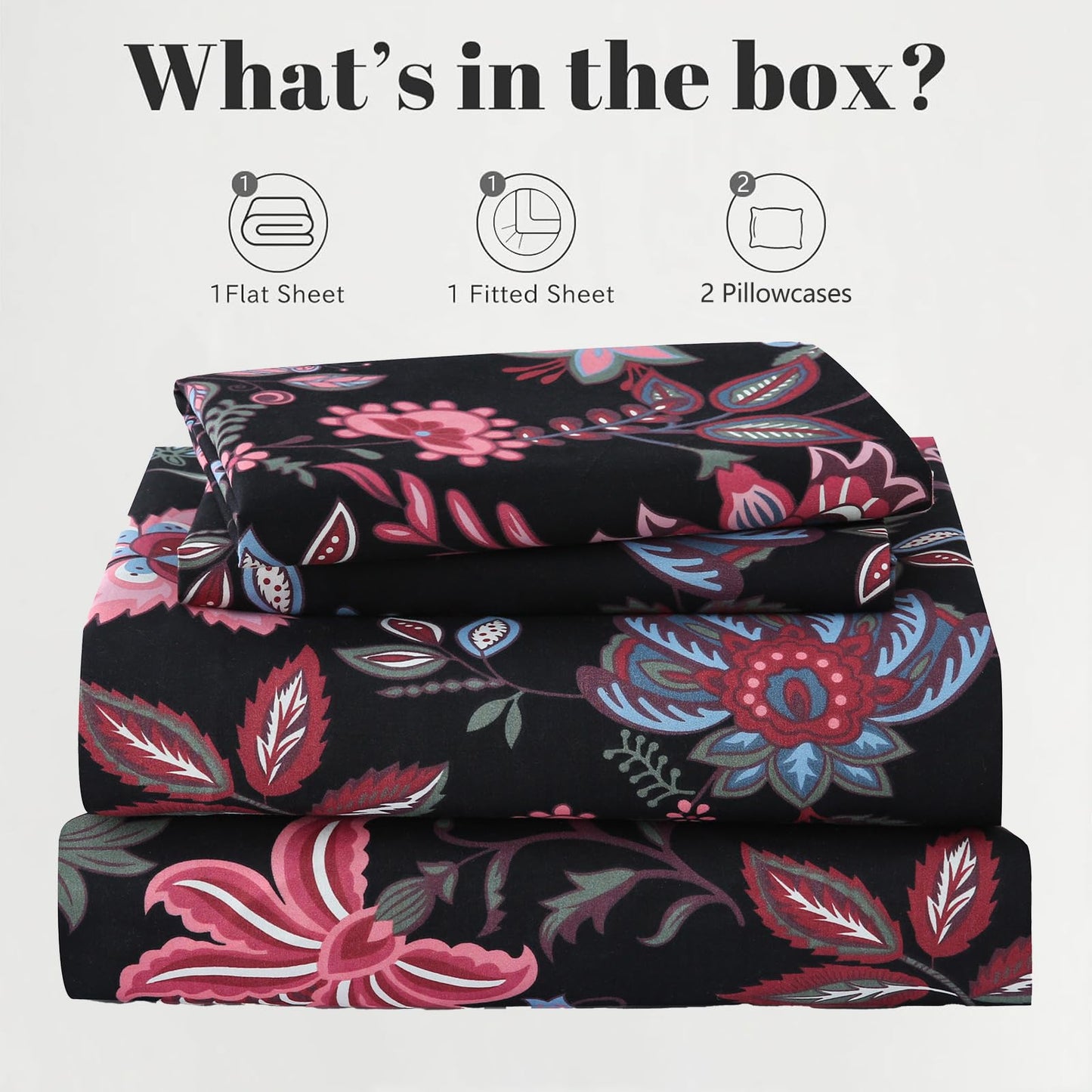 Bedlifes King Sheet Set Ultra Soft, Breathable, Silky Flower Deep Pocket 100% Microfiber Bedding, 4 Piece King Size with Floral,Black Red Flowers