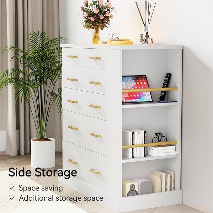 Drawer Dresser with LED Lights and Open Shelves, Modern Tall Chest of Drawers