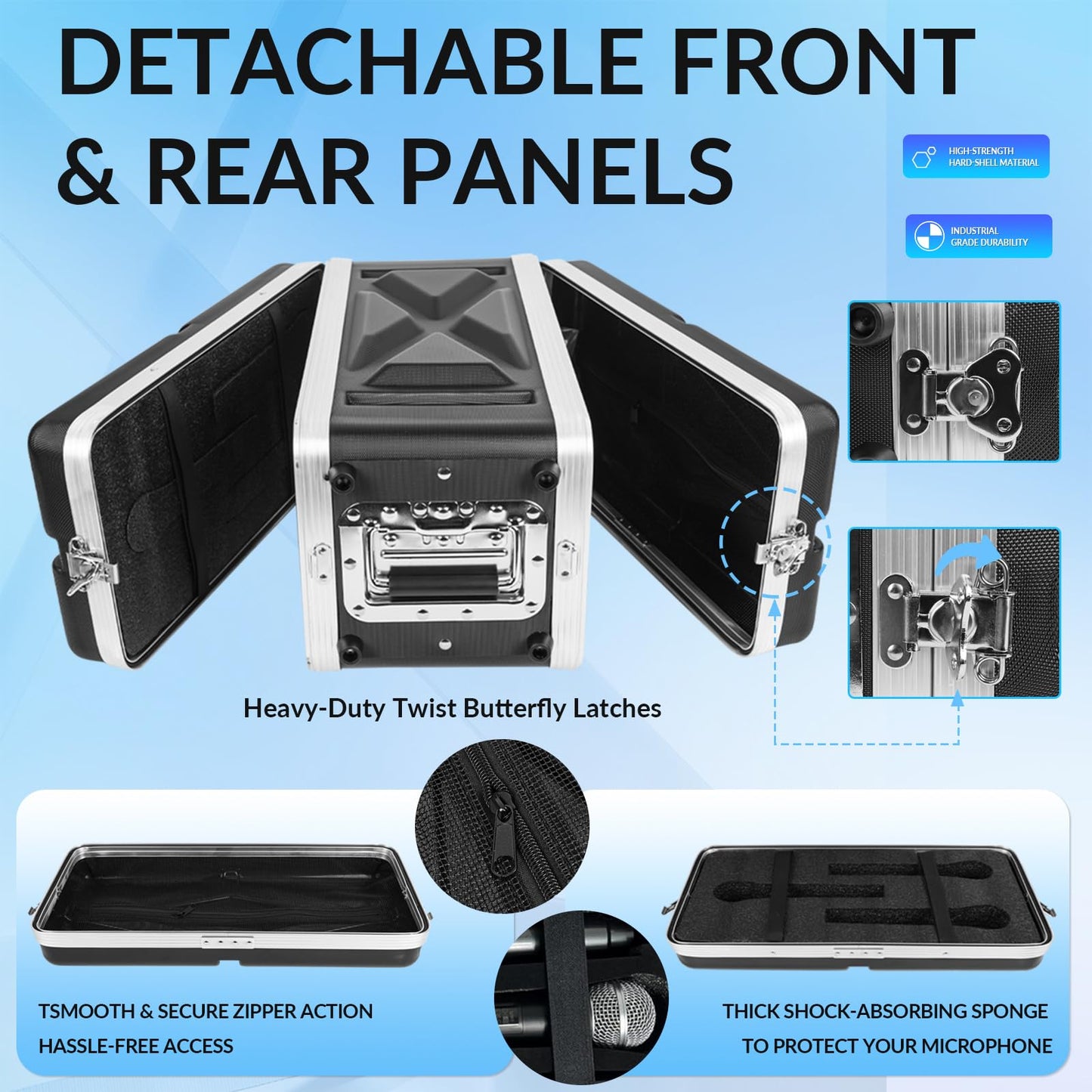 MUZNOTE 4U ABS Rack Case Shallow 8" Depth, 19" Rackmount Flight Road Travel Case,WaterproofProtective Hard Case with Customized Foam, Wireless MicSystem Storage, Amps, Mixers, Microphone Receivers