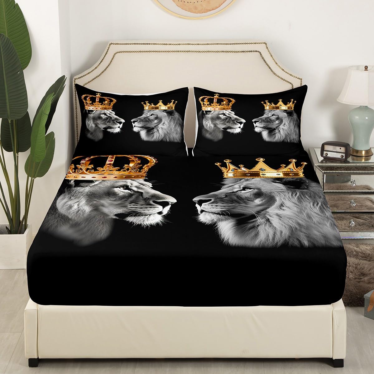 Castle Fairy Wild Lion Couple Bed Sheets King Size,Gold King and Queen Crown,Quality Brushed Microfiber Luxury Bed Sheet with Flat,Tropical African Animal Fitted Sheet, with 2 Pillowcases