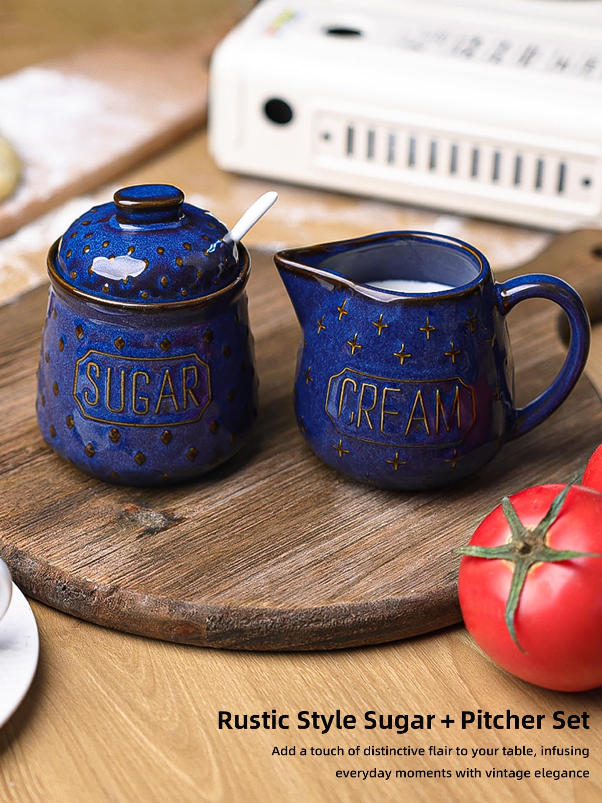 GDCZ Ceramic Sugar and Creamer Set, Coffee Serving Set, Sugar Bowl with Spoon and Cream Pitcher, Milk Creamer and Sugar Container (Blue)