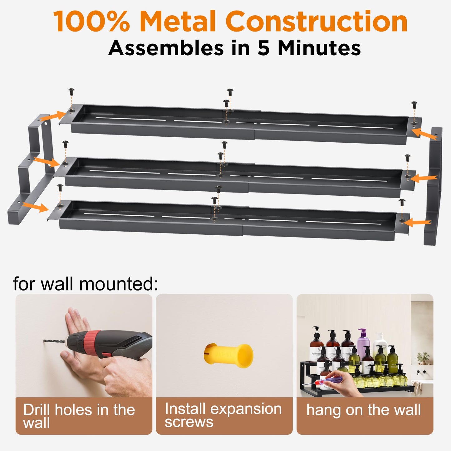 3-Tier Spice Rack Organizer for Kitchen Cabinet or Pantry, 16"-29" Expandable Spice Organization Shelf, Seasoning Organizer, Metal Display Shelf, Slip-Resistant Design for Jars and Bottles, Black