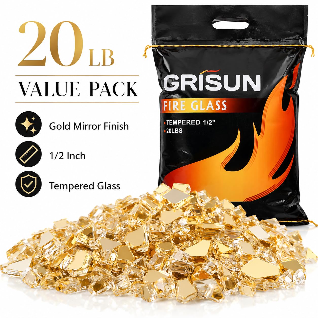 GRISUN Gold Fire Glass for Fire Pit, 20 Pounds 1/2 Inch High Luster Reflective Tempered Glass Rocks for Natural or Propane Fireplace, Safe for Outdoors and Indoors Firepit Glass