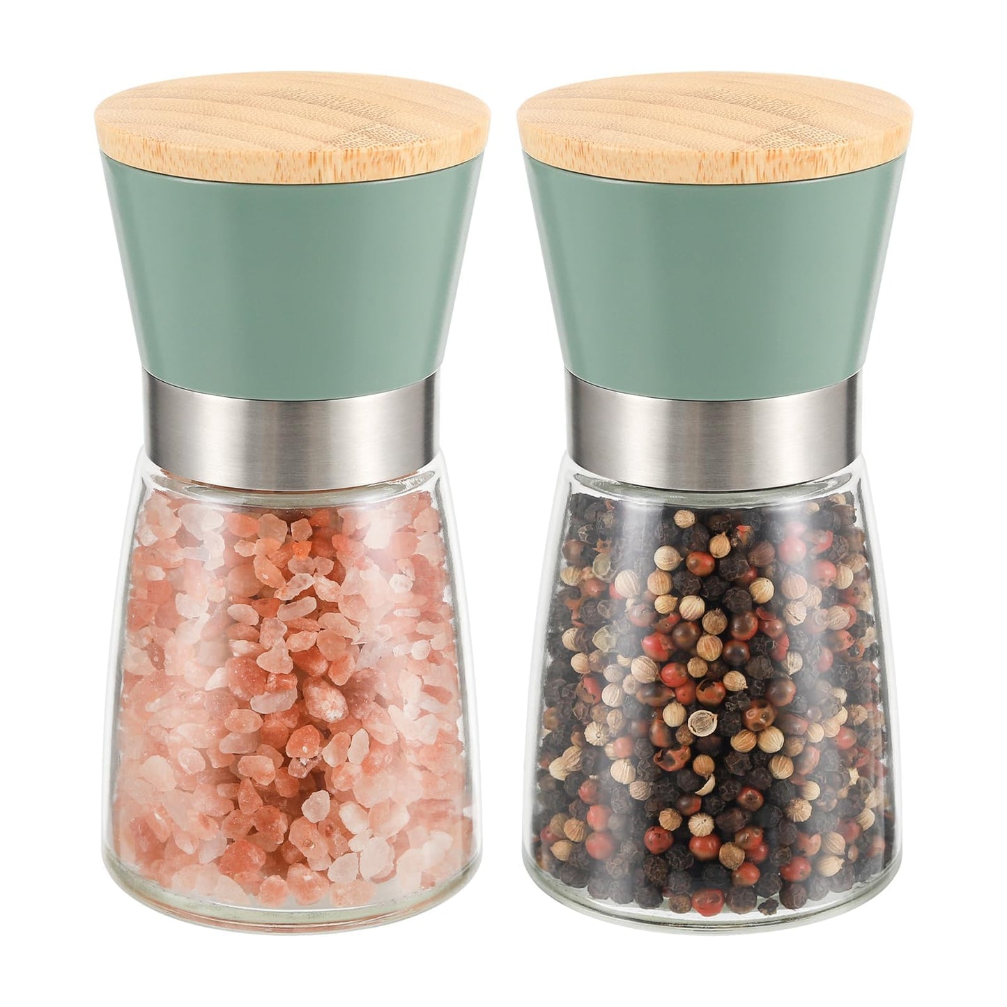 VUCCHINI Salt and Pepper Grinder Set Bamboo Lid- Adjustable Coarse Salt and Pepper Mills - Refillable Ceramic Burr Kitchen Gift Manual Spice Grinder Green