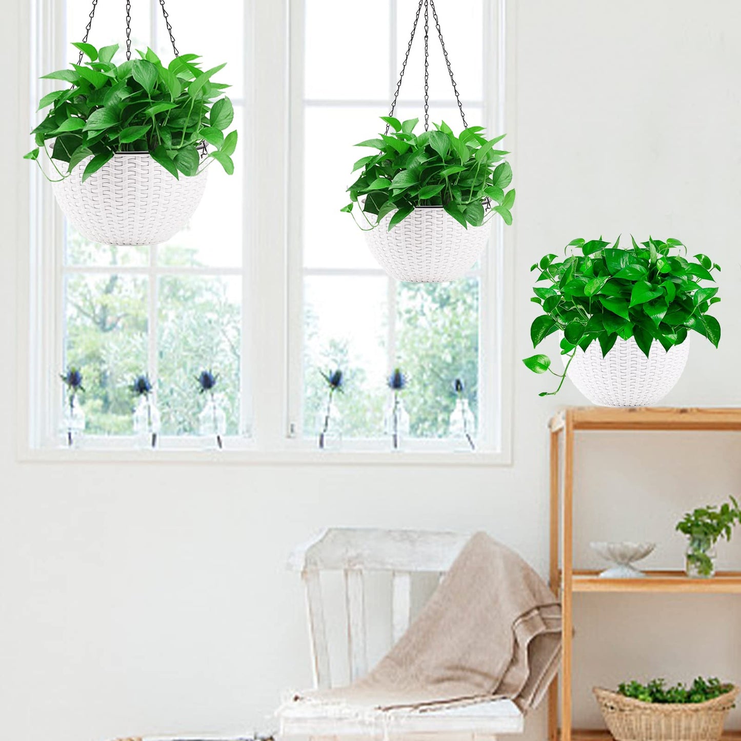 Foraineam 10.2 Inch Dual-pots Design Hanging Basket Planters Self-Watering Indoor Outdoor Hanging Flower Plant Pot with Drainer and Chain (White)