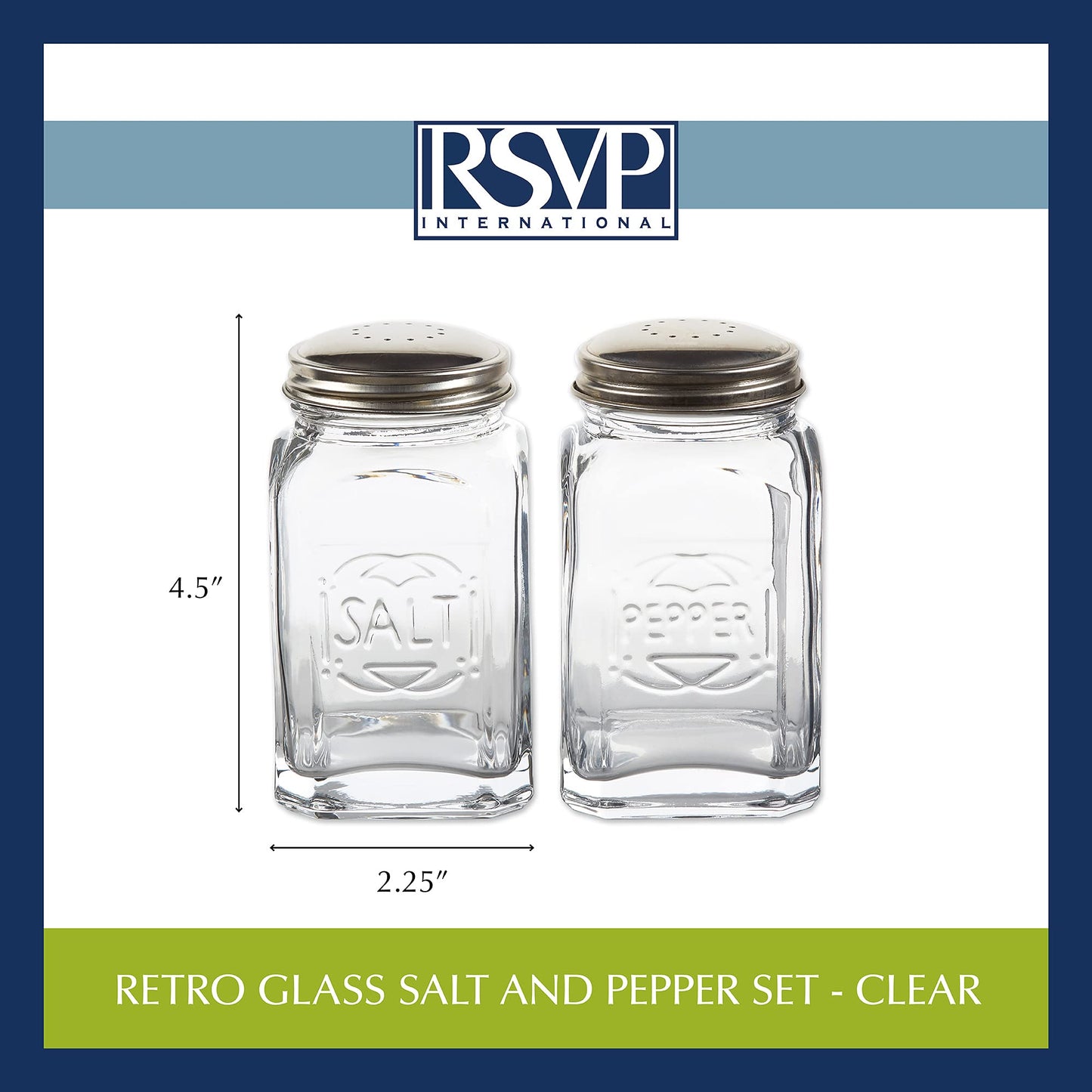 RSVP International Jumbo Retro Glass Salt & Pepper Shaker, Screw On Stainless Steel Lid, Each Shaker Holds 8 Ounces, Clear, 2.25x2.25x4.3, 2 Piece