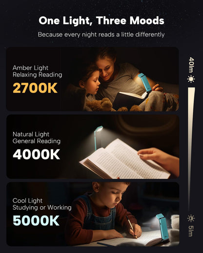 86lux Book Light, Rechargeable Clip-On LED Reading Light for Bed & Night Use - 3 Color Temperatures with Stepless Dimming, Ultralight Bookmark Design for Kids, Book Lovers, Grey