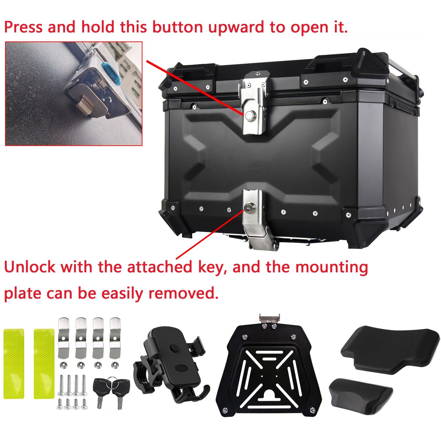 iproods 45L Motorcycle Top Case, Aluminum Alloy Universal Motorcycle Tail Box with Backrest ＆ Phone Mount Holder, Dual-key Storage Luggage Trunk (Black, 45L)