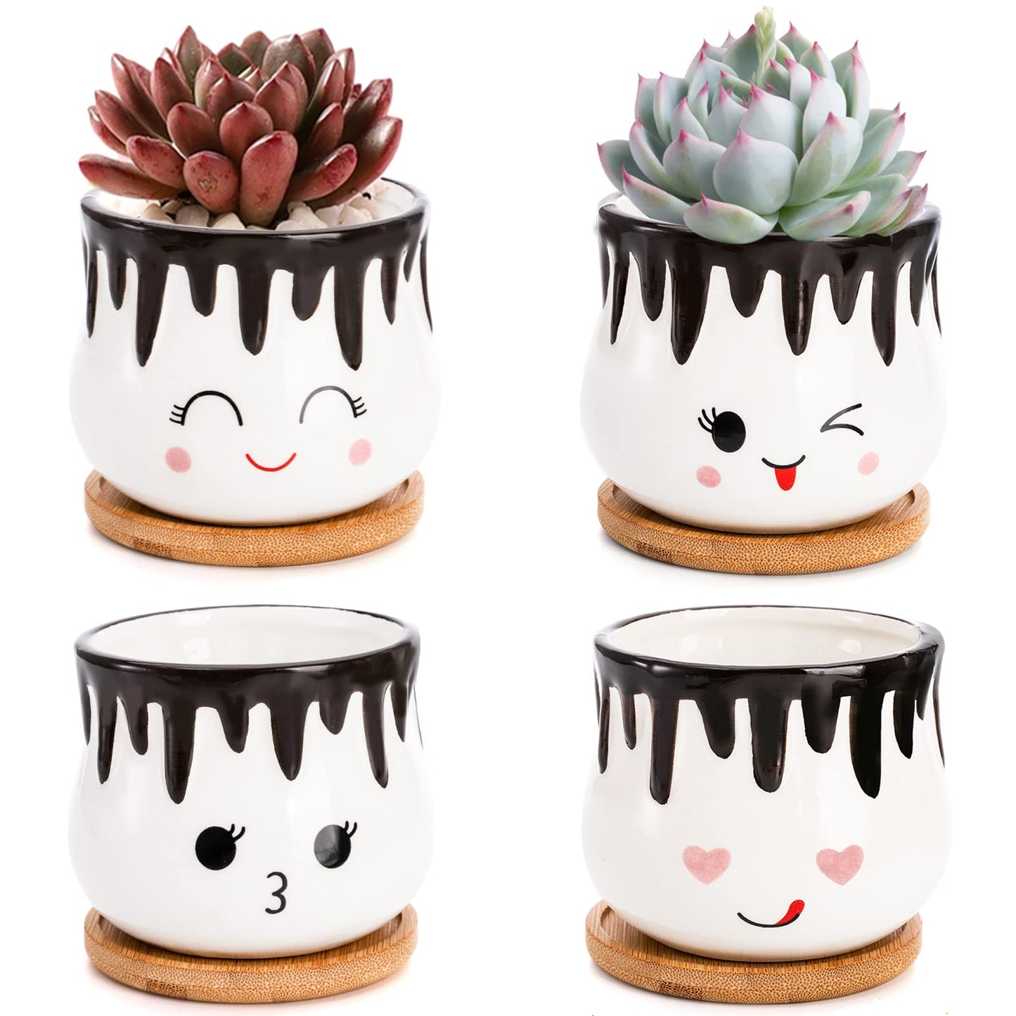 Hedume Set of 4 Succulent Pots with Bamboo Tray, 4 Inch Cute Hot Chocolate Ceramic Succulent Planter with Little Drainage Hole, Small Ceramic Plant Flower Pots for Home and Office Decoration