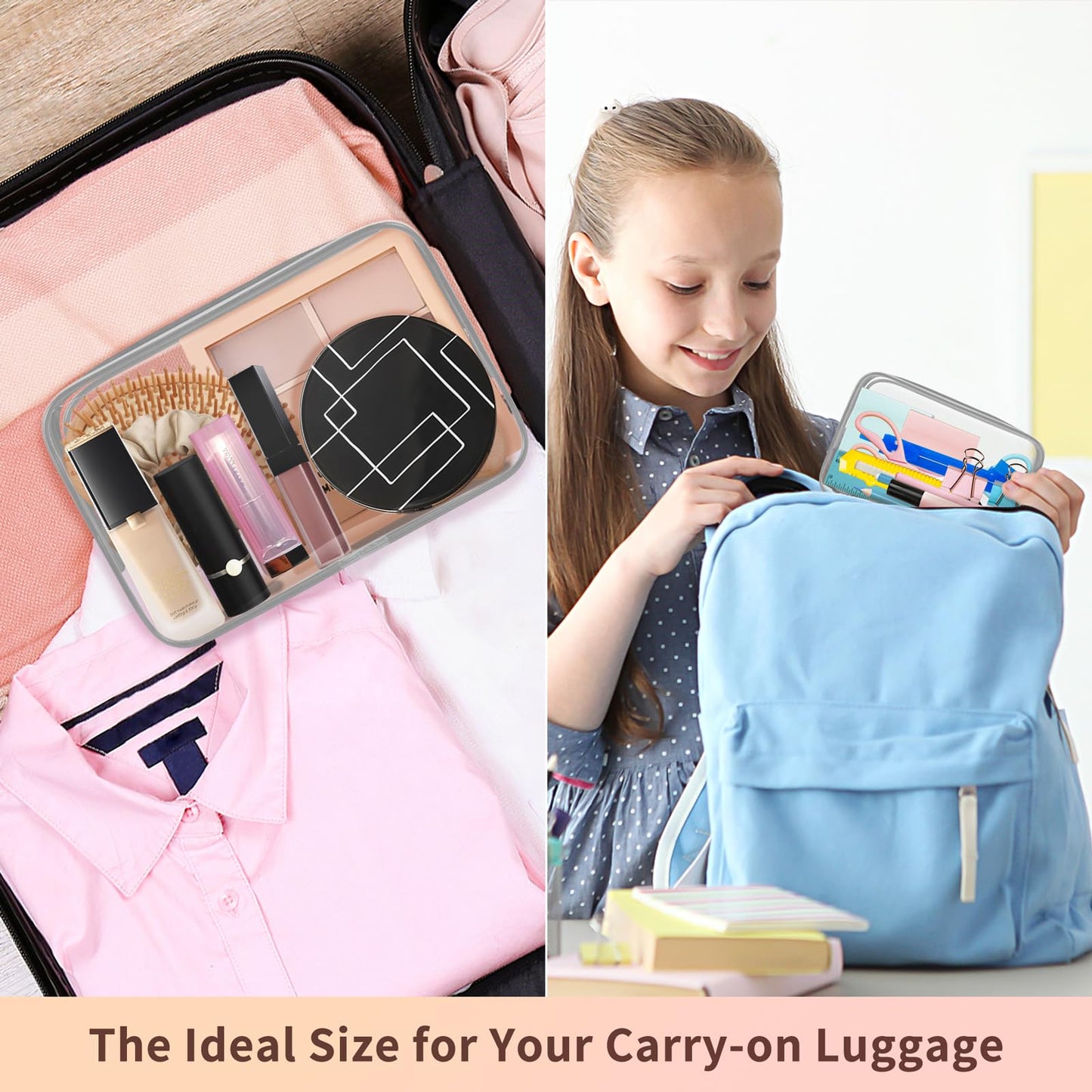 TISRATOK 12 PCS Clear Makeup Bag for Women with Zipper, TSA Approved Toiletry Pouch, Cosmetic Bag Bulk for Travel Organizer Essentials - Grey,Medium