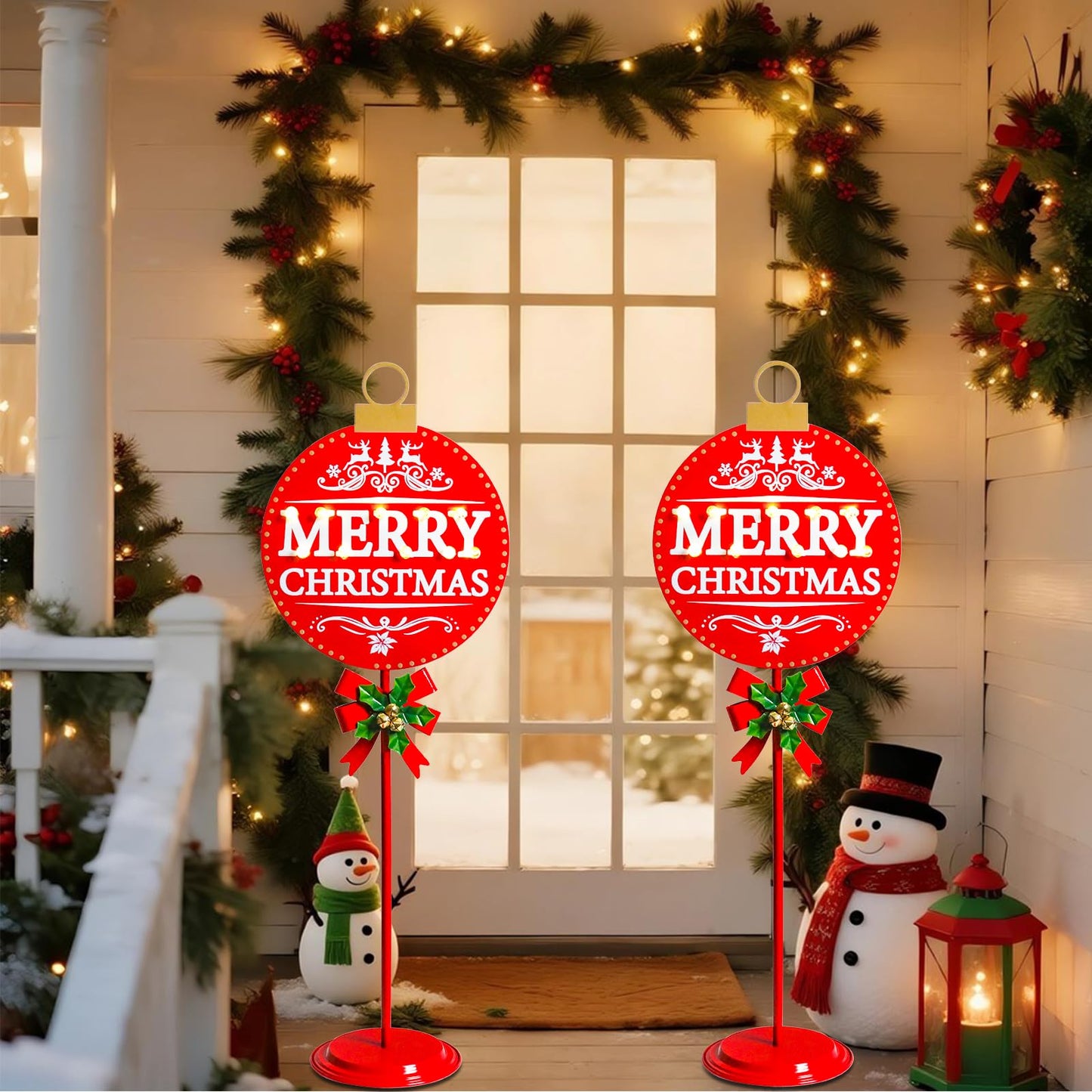 Vigdur Merry Christmas Sign - 34" Lighted Metal Holiday Ball Decoration Battery Operated with Timer, Christmas Yard Decorations for Indoor Outdoor Yard Lawn Party Holiday Décor