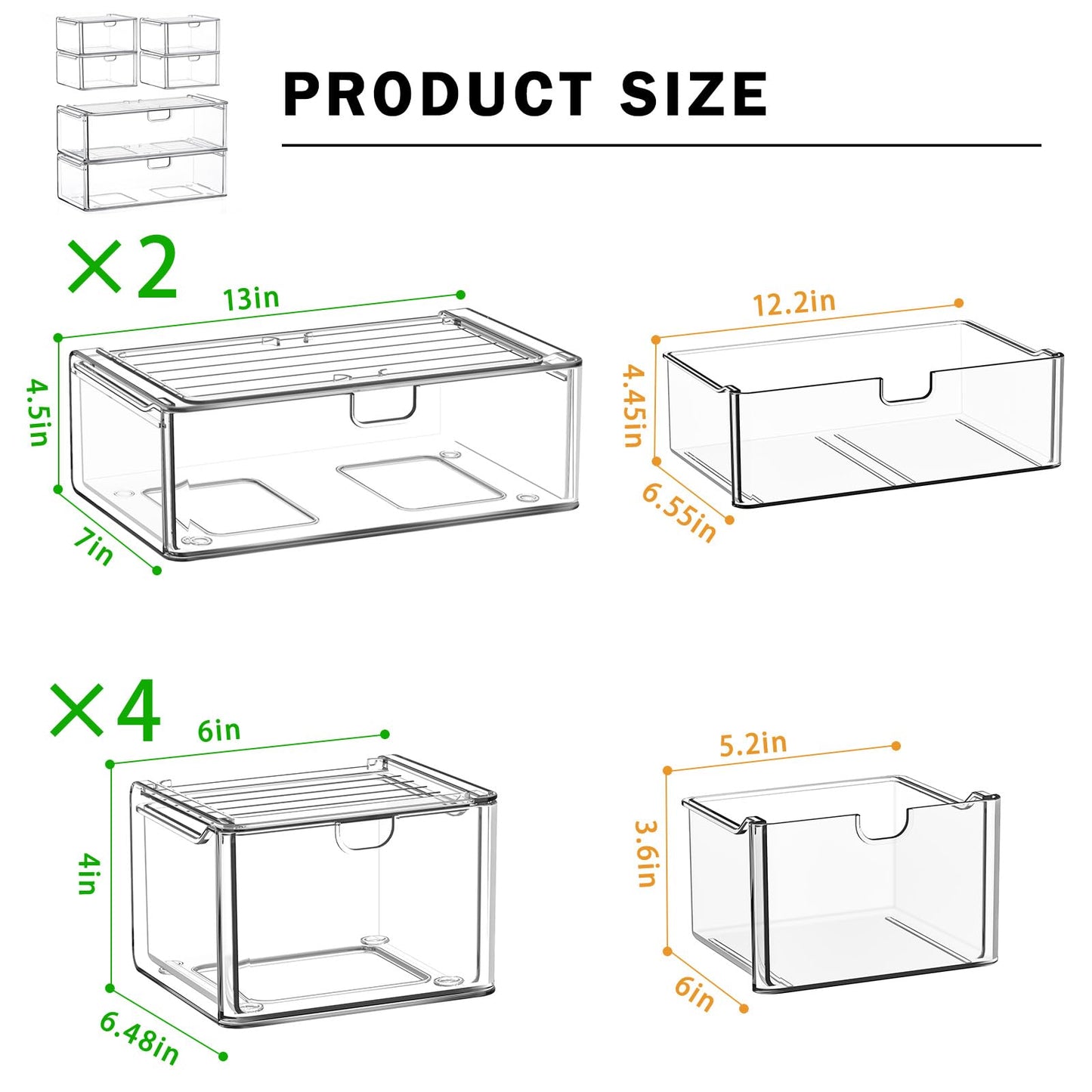 caktraie Acrylic Stackable Storage Drawers Set of 6, Clear Plastic Storage Drawer Organzier, Storage Organizer, Makeup Organizer,Ideal for Vanity, Bathroom,Cabinet,Pantry Organization