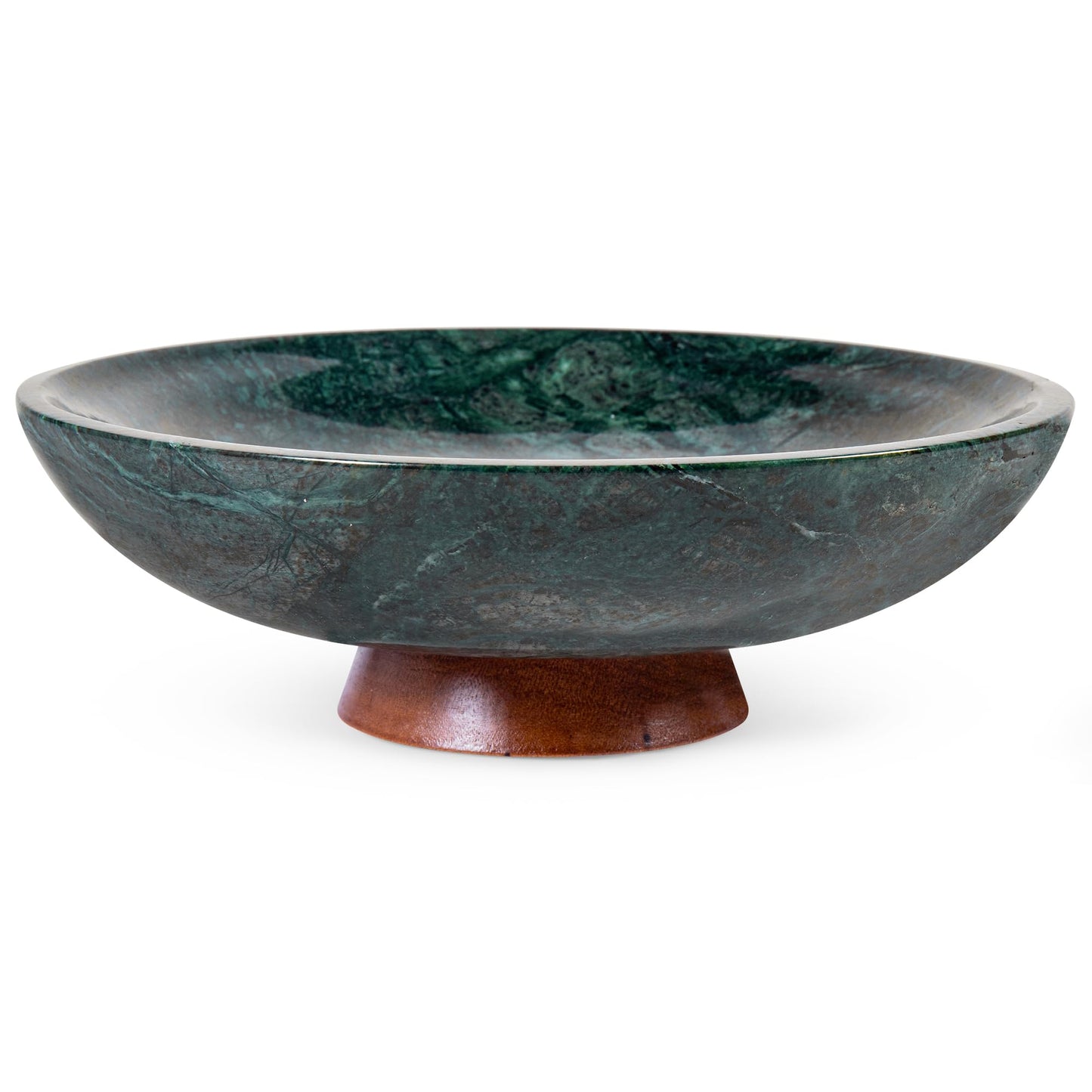 Decorative Marble Bowl Green - Handcrafted Natural Stone on Acacia Wood Pedestal - Versatile 10" Catch‑All Centrepiece for Home Decor - Entryway, Dining Table, Kitchen Fruit Bowl, Key Holder (Green)