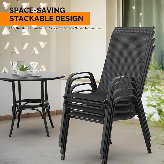VINGLI Patio Chairs Set of 6 – Stackable Outdoor Dining Chairs with Comfortable Sling High Back Chairs and Armrests for Lawn, Poolside, Courtyard, Balcony, Garden, Black