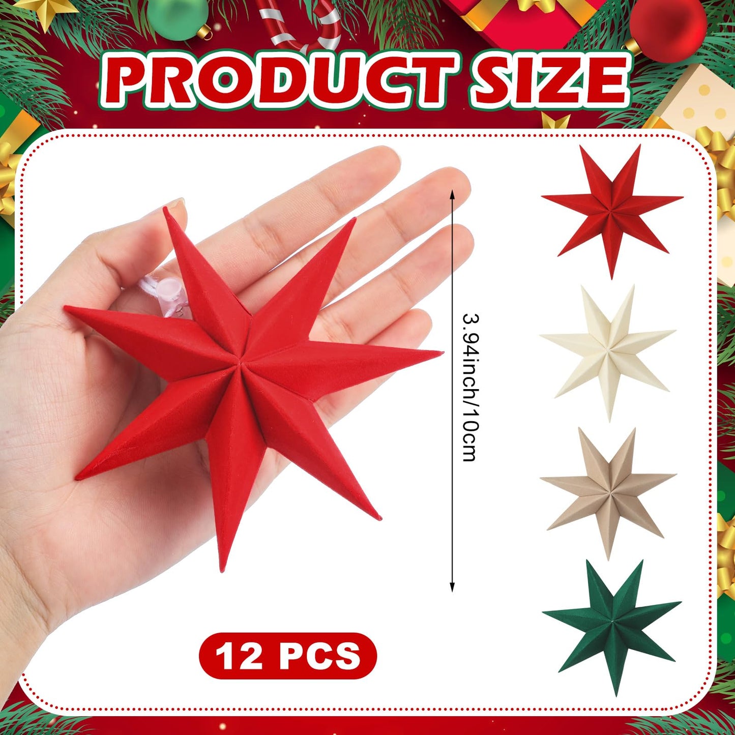 VIHOSE 12 Pcs Velvet Christmas Paper Star Ornaments 4 Inch Neutral Flocked Christmas Hanging Paper Ornament 7 Pointed Xmas Decorations for Xmas Tree Party Indoor Home Door Window