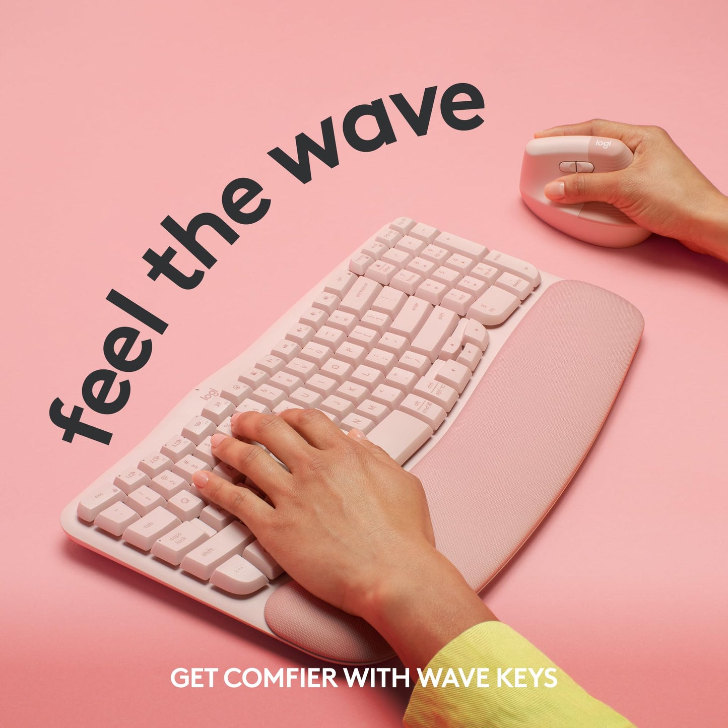 Logitech Wave Keys Wireless Ergonomic Keyboard with Cushioned Palm Rest, Comfortable Natural Typing, Easy-Switch, Bluetooth, Logi Bolt Receiver, for Multi-OS, Windows/Mac - Rose