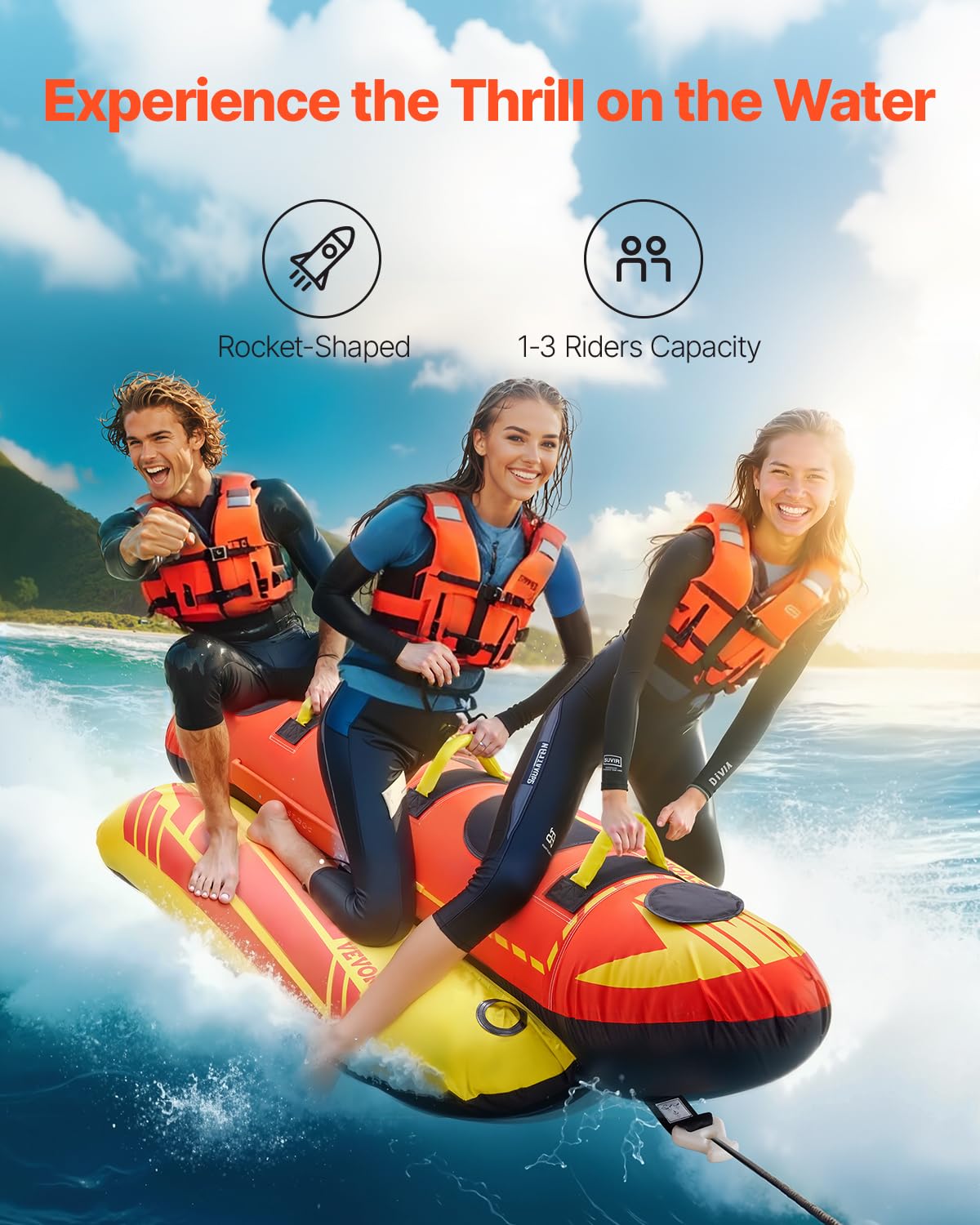 VEVOR Towable Tubes for Boating, 1-3 Riders Inflatable Boat Tubes and Towables, 510lbs Capacity Hot Dog Water Sport Tube for Boat to Pull - with Full Nylon Cover, Padded Handles & Speed Safety Valve