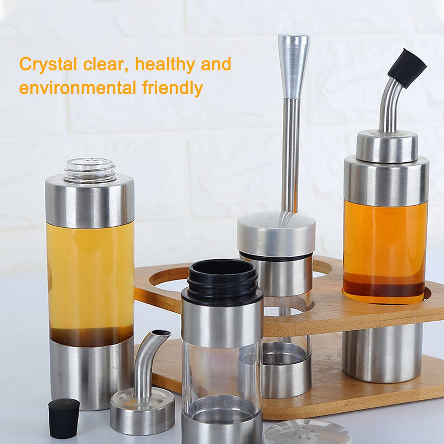Cyrank Salt and Pepper Shakers, Olive Oil and Vinegar Dispenser Set with Wood Holder Glass Spice Dispenser for Home Kitchen Restaurant