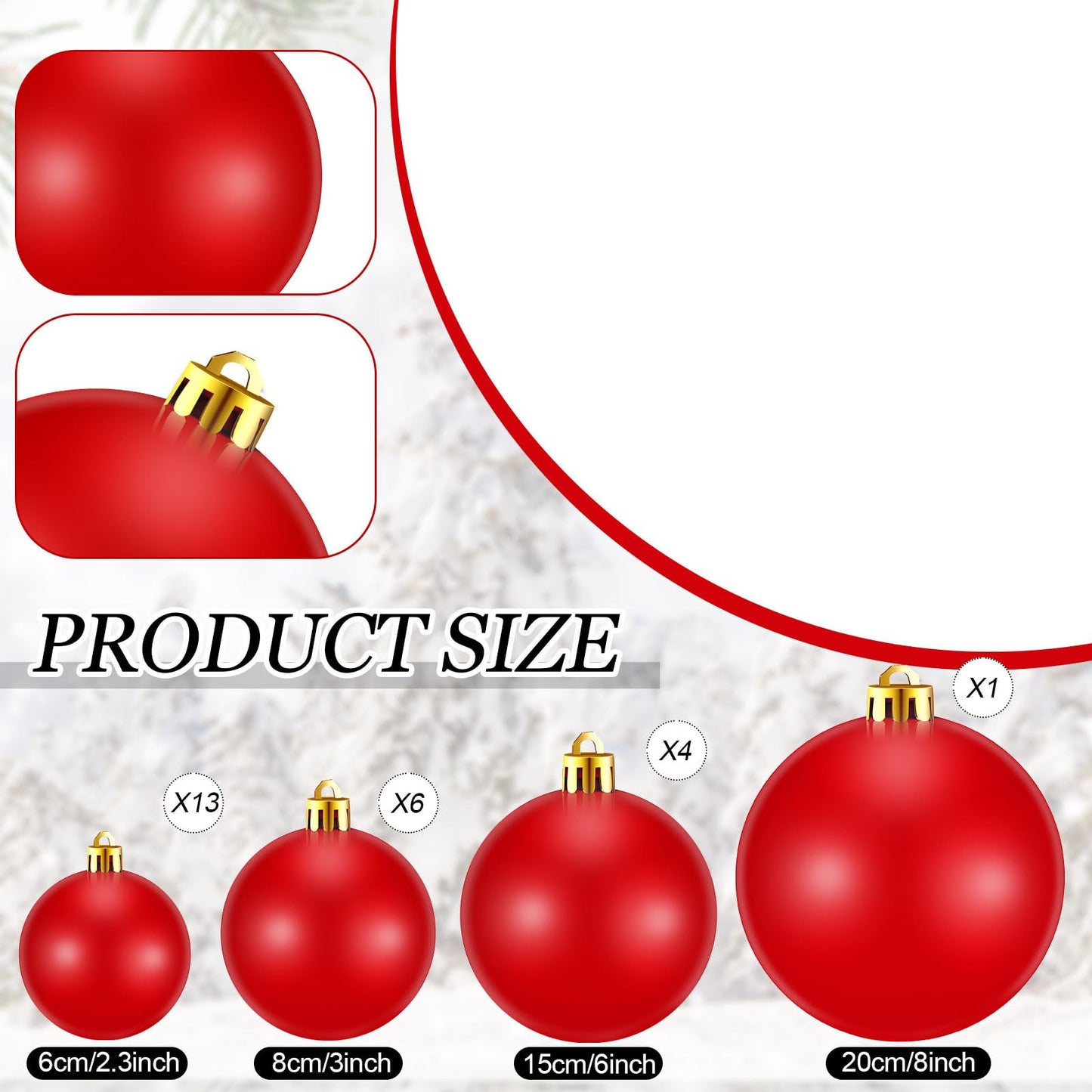 Marsui 24 Pcs Giant Christmas Balls Ornaments Extra Large Outdoor Red Christmas Ornament 8'' 6'' 3'' 2'' Large Xmas Balls Bulk Plastic Shatterproof for Xmas Tree Lawn Yard Porch (Shiny)