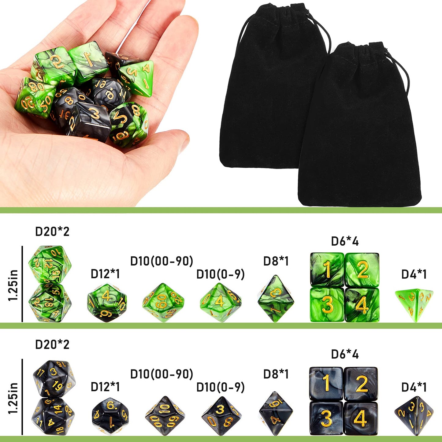 Skylety 2 Set Polyhedral Dice Set - 22 Pieces, Multisided Dice Set Smooth Touch with Drawstring Bag Compatible with RPG MTG Table Game(Green, Black)