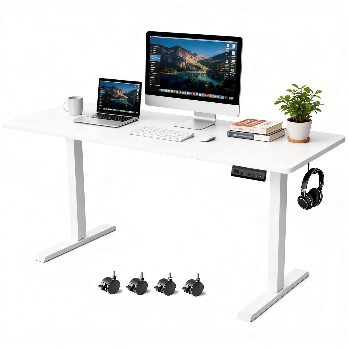 iWkstation Standing Desk with Splice Board Adjustable Height- 63 inch Mobile Stand up Desk with Wheels, Portable Sit Stand Desks Electric with Lockable Casters