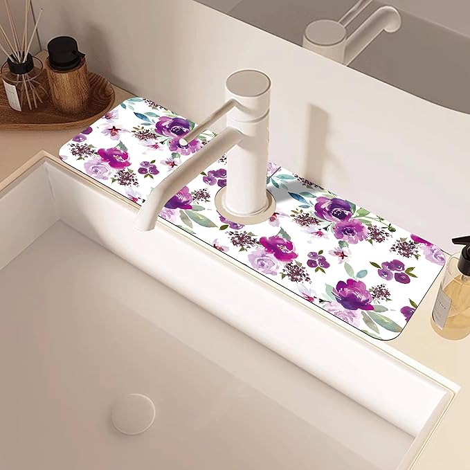 Watercolor Purple Flowers Faucet Absorbing Mat Splash Guard Draining Mat Fast