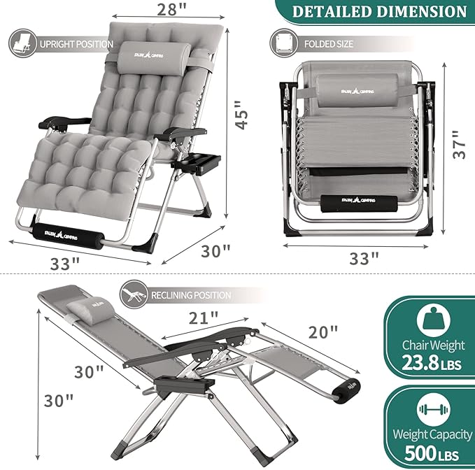 UDPATIO Oversized Zero Gravity Chair 33In XXL Lounge Chair with Removable Cushion |Pillows, Outdoor Folding Reclining with |Cup Holder |Foot Rest |Lock,Reclining Patio Chairs Grey, Support 500LB
