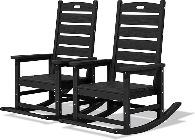 SERWALL Outdoor Rocking Chair Set of 2, Oversized Rocking Chair with Footboard for Adults, HDPE All Weather Resistant Rocking Chairs for Patio, 350lbs Weight Capacity, Black