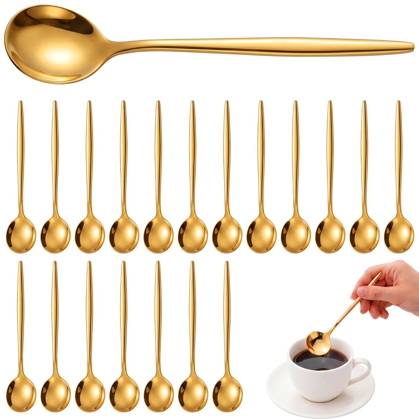 Dandat 20 Pcs 5.1 Inch Coffee Spoons, Gold Stainless Steel Teaspoons, Mini Dessert Spoons for Stirring Coffee Sugar Drink Kitchen Cafe Bar Wedding Tableware