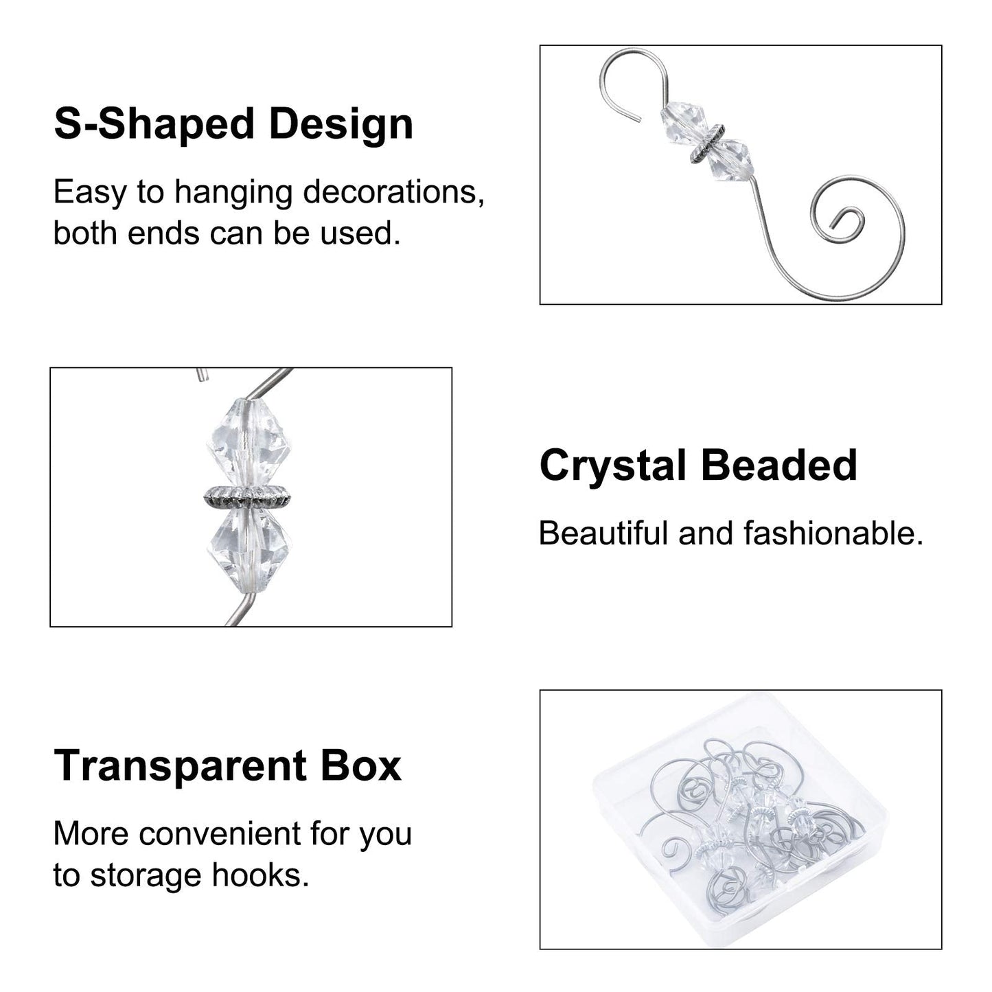 INCREWAY Ornament Hooks, 30 PCS Silver S-Shaped Hangers Hook Swirl Christmas Tree Hanger Metal Hooks with Crystal Beaded