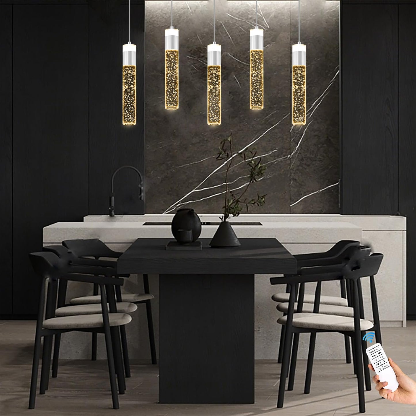 IDEQUY Modern LED Chrome Crystal Pendant Light Kitchen Island, Bedroom Bedside Hanging Ceiling Lamp with Crystal Bubble Column, Dimmable 3000k-6000k 1-Light Independent