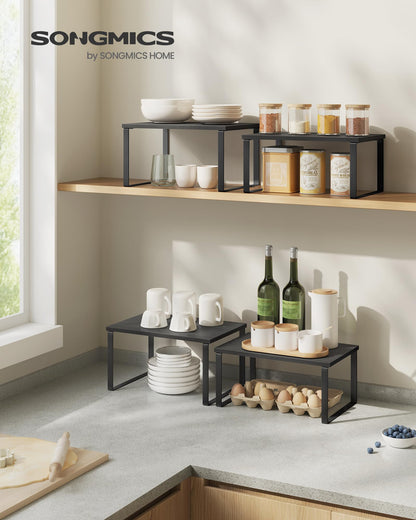 SONGMICS Cabinet Organizer Shelf, Set of 4 Kitchen Counter Shelves, Kitchen Storage, Spice Rack, Stackable, Expandable, Metal and Engineered Wood, Cloud White and Natural Beige UKCS010N01