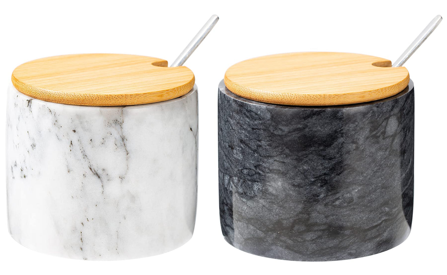 NHKRTE 15-Ounce Marble Salt Shaker Set with Lid and Spoon, Black and White