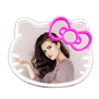 Anime Hello Kit Mirror with Light Neon Signs for Wall Decor, Dimmable for Teen Girl Gift，Makeup Mirror neon Sign Room Decor (16.1 * 14 inch)