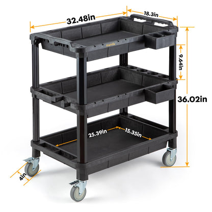 ELAFROS Multi-Use Utility Cart - 32.4x18.3 Heavy-Duty Service Cart with 3 Deep Shelves, Industrial-Grade Tool Cart Mobile Organizer, Rolling cart Holds up to 500 lbs, Black