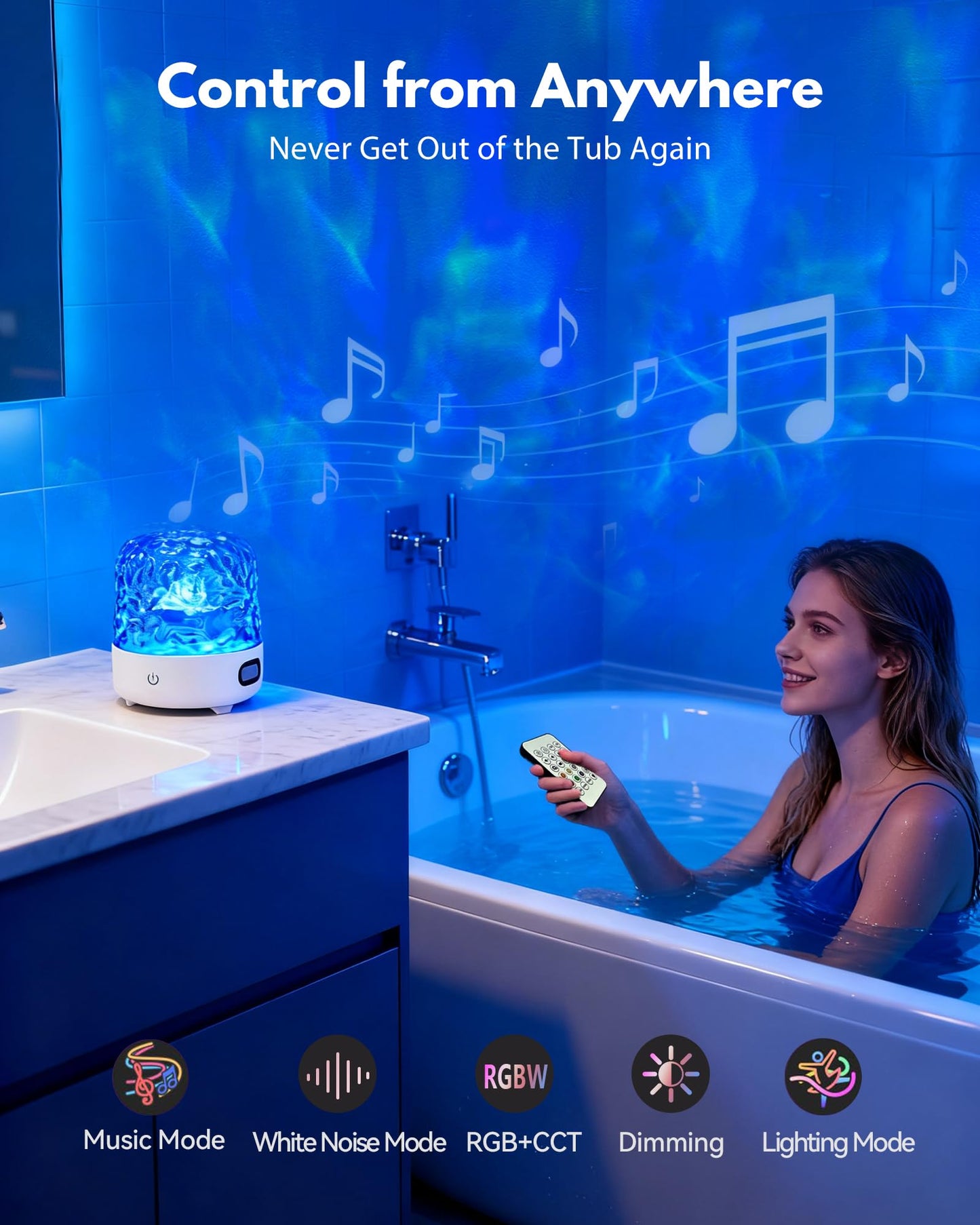 Shower Light with Bluetooth Speaker, Waterproof Shower Lamp with White Noise, 16 Colors Ocean Wave Projector Light with Remote & Touch Control, Music Lamps for Inside Shower Bathroom Bathtub