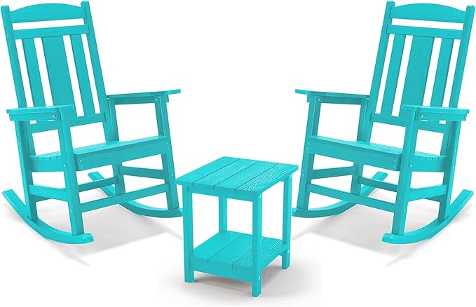 LUE BONA Outdoor Rocking Chairs Set of 4, HDPS Porch Rocker with High Back, Plastic Weather Resistant Rocking Chairs for Outdoor Indoor, Garden, Backyard, 350lb, Aruba Blue