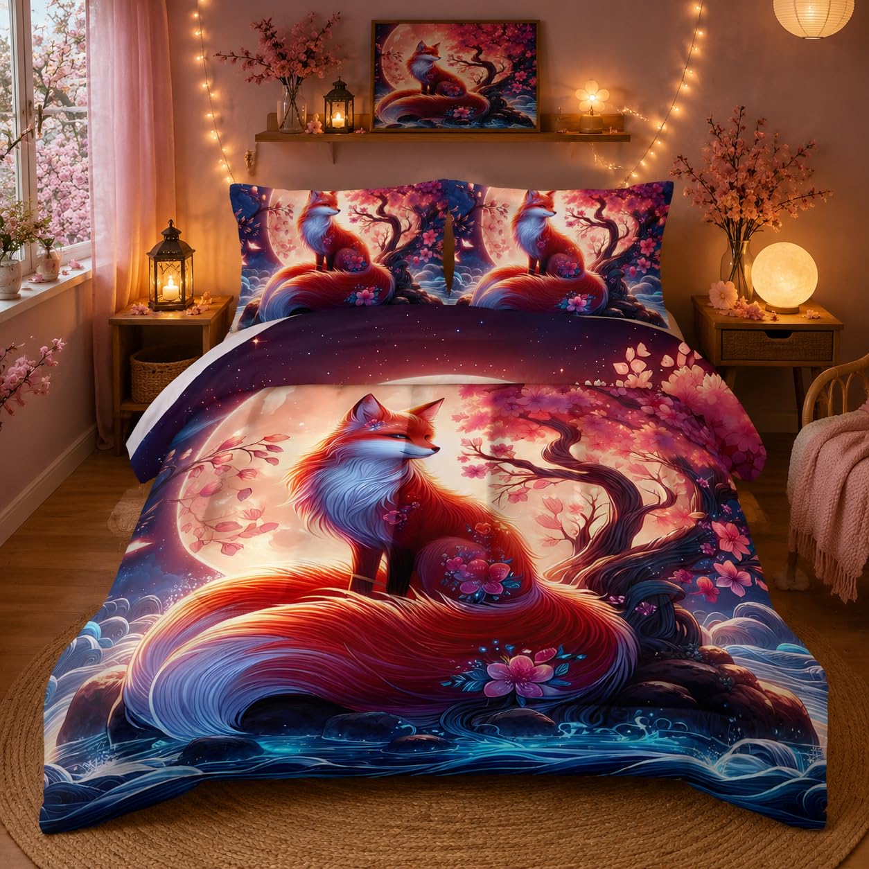 Nttopship Fox Comforter Bedding Set with 2 Pillowcase Twin Size Cartoon Fox Sakura Comforter Set for Kids Boys Girls Bedroom Decor