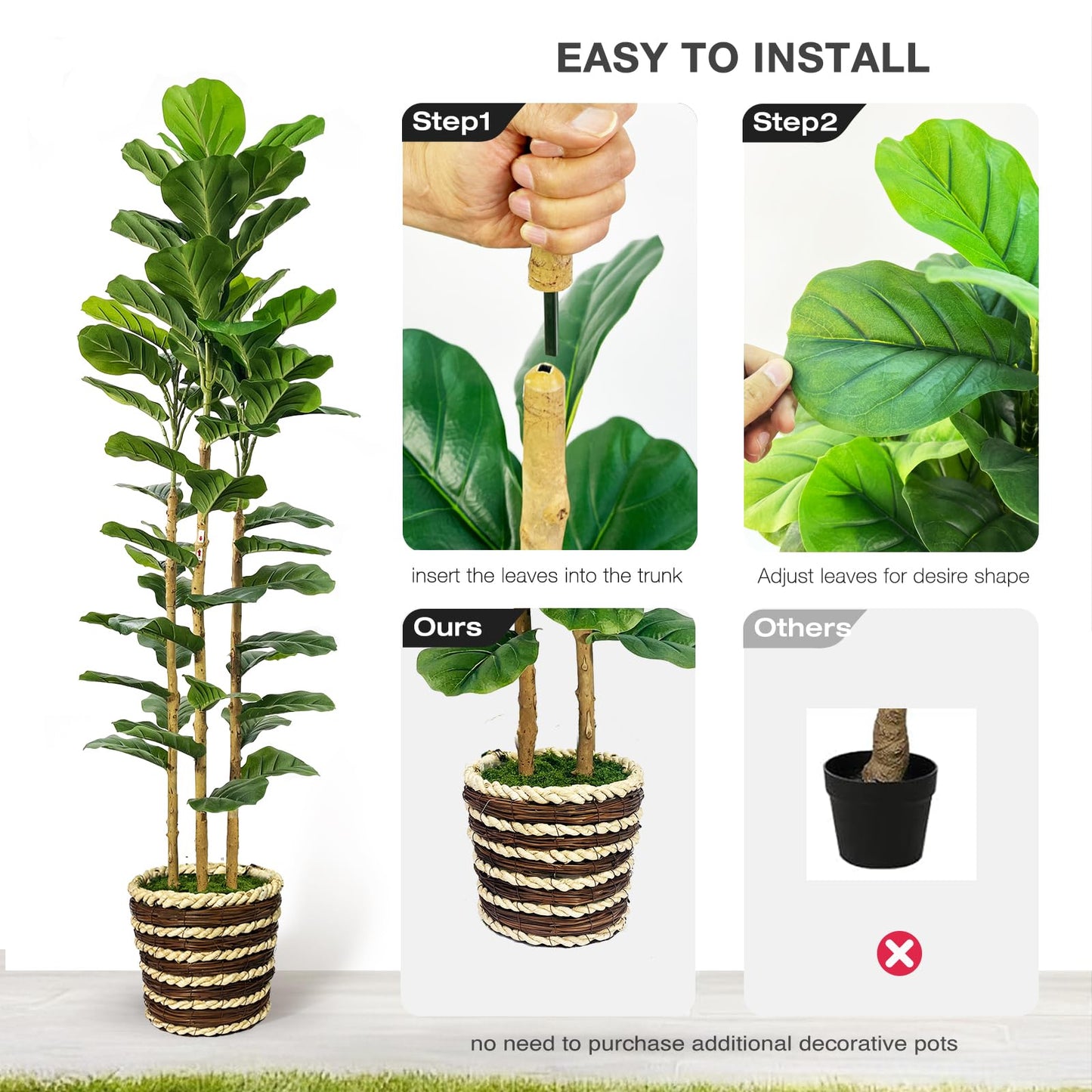 Artificial Fiddle Leaf Fig Tree Indoor with Woven Basket - 5ft Tall Fake Tree with Real-Wood Trunk,Faux Plants for Living Rooms, Offices, Kitchens & Outdoor Spaces (Round Basket)