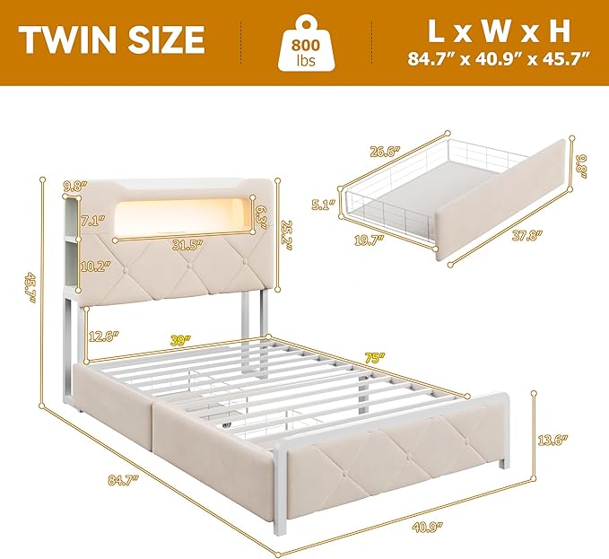Twin Upholstered LED Bed Frame